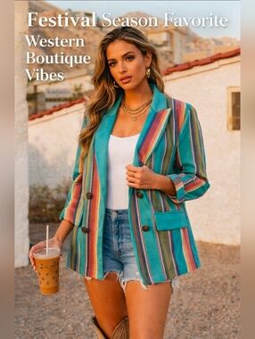 Crazy Train Turquoise Multi-Stripe Blazer